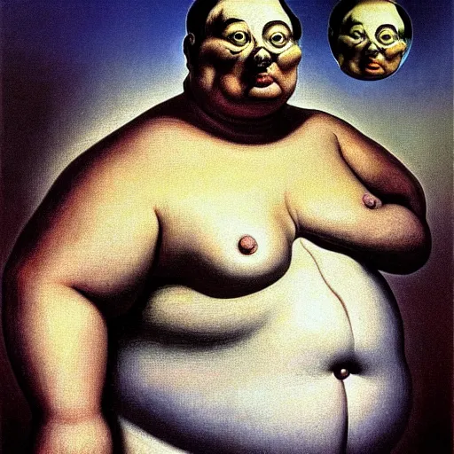 Image similar to Fat chungus zuckerberg recognizes its soul in the mirror - contest-winning artwork by Salvador Dali, Beksiński, Van Gogh, Giger, and Monet. Stunning lighting