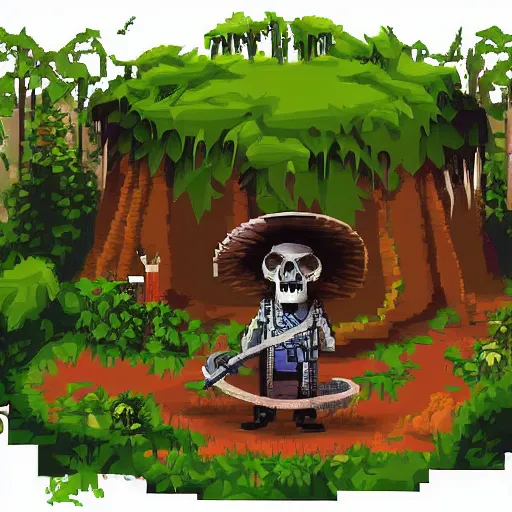 Image similar to cool video game key frame pixel art of a witchdoctor in an overgrown jungle hut with a skull on the table. vines and flowers. a matte digital painting, epic composition, god rays, vivid tones :