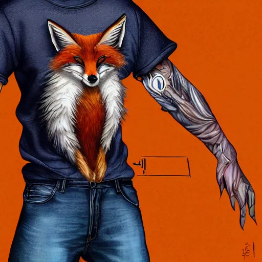 Image similar to A fox wearing a t-shirt and jeans, trending on FurAffinity, energetic, dynamic, digital art, highly detailed, FurAffinity, digital fantasy art, FurAffinity