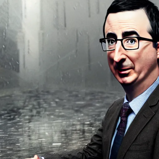 Prompt: John oliver in the rain, realistic detailed face, artstation, concept art, sharp focus, matte painting, hyper detailed, hyper realistic, art by Akira Toriyama