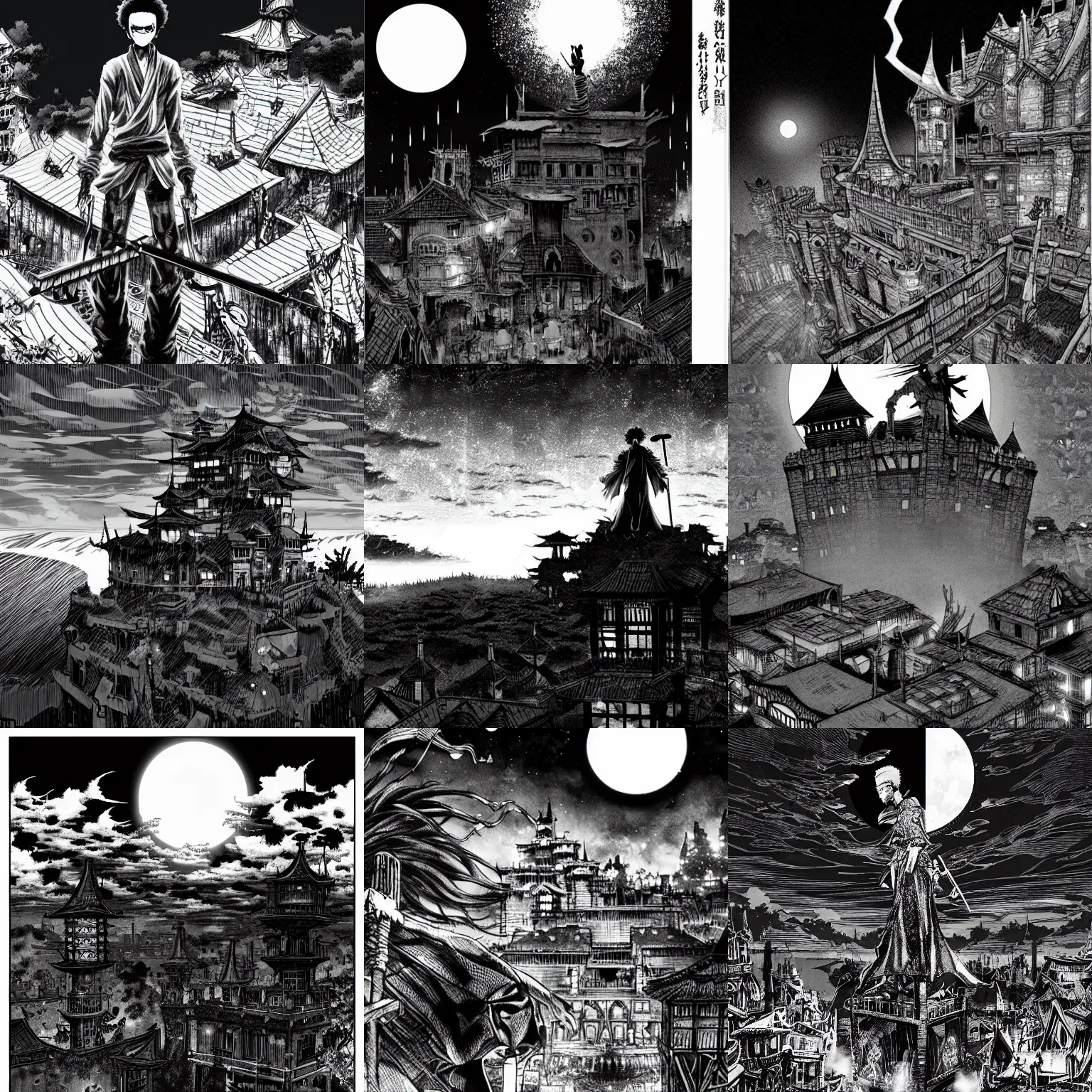 Prompt: afro samurai manga style, pencil and ink, stood atop a gothic castle looking down over a post apocalyptic city, at night with dramatic moonlight, cinematic effects vfx, dynamic angle from above and behind