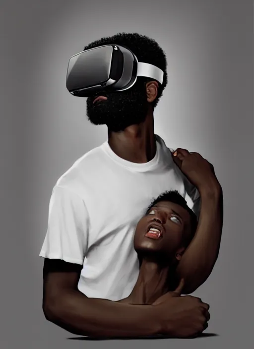 Image similar to handsome black genius hacking the metaverse, vr headset, white t - shirt and jordans floating, three dimensional holographs and translucent orange glow, highly detailed, digital painting, artstation, concept art, smooth, sharp focus, illustration, art by wlop, uang guangjian and gil elvgren and sachin teng and greg rutkowski