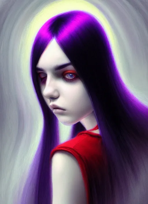 Image similar to hair whitebangs hair, black hair, whitebangs, portrait of teenage girl with white bangs, red irises, purple clothes, white bangs, bangs are different color from hair, intricate, elegant, glowing lights, highly detailed, digital painting, artstation, concept art, smooth, sharp focus, illustration, art by wlop, mars ravelo and greg rutkowski