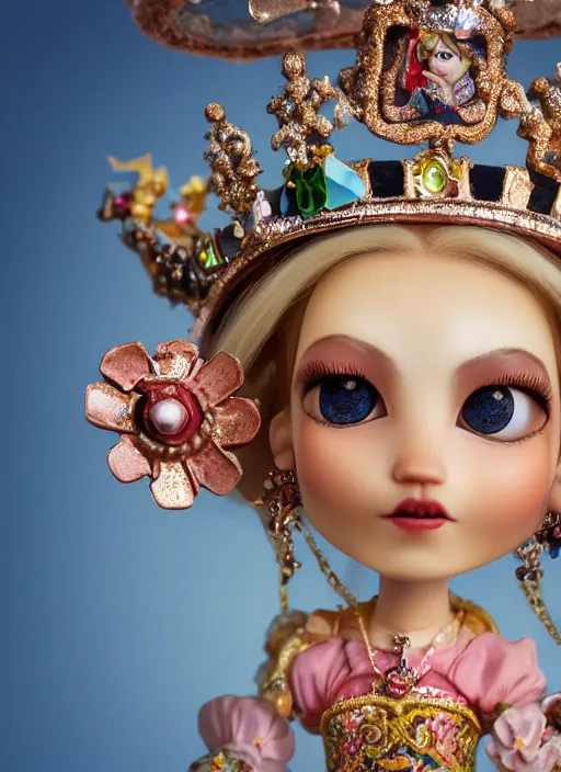 Image similar to closeup profile portrait of tin toy fairytale princess wearing a crown, bikini, depth of field, zeiss lens, detailed, symmetrical, centered, fashion photoshoot, by nicoletta ceccoli, mark ryden, lostfish, breathtaking, 8 k resolution, extremely detailed, beautiful, establishing shot, artistic, hyperrealistic, octane render