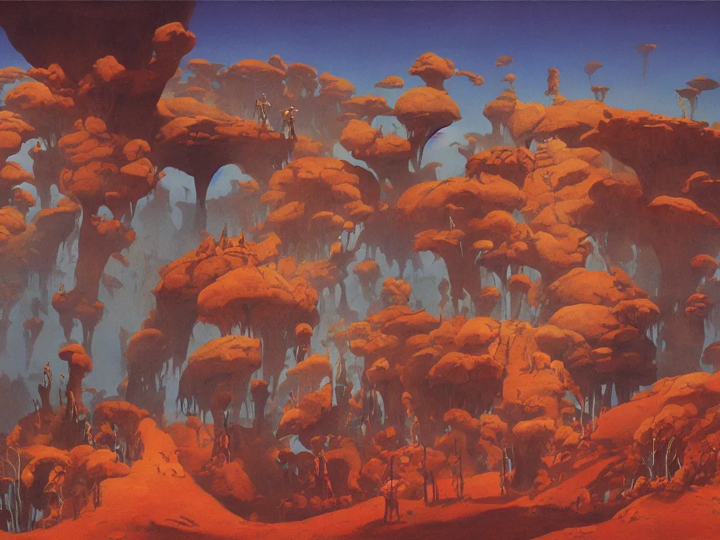 Prompt: Selenar masquerade wild dance. Harsh light, serenity, crater, dust. Painting by Roger Dean.