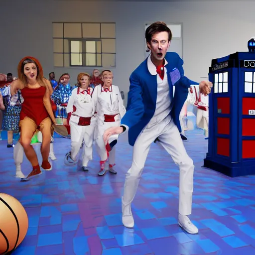 Image similar to the David Tennant as Doctor Who at a polka dancing contest at the YMCA basketball gym, everyone in the background clapping including a Dalek, in the background the Tardis door is wide open, high energy, polka, cgsociety, artstation, UE5, 8K, 4K, HQ