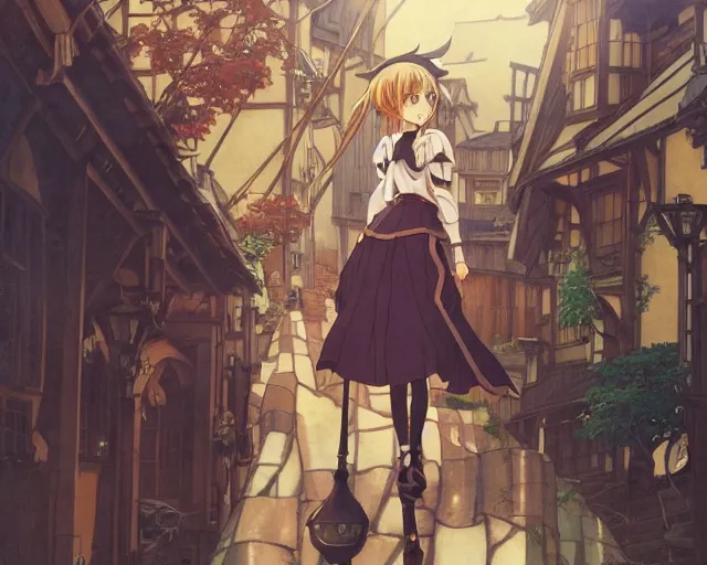 Image similar to kyoani, murata range, key anime visual portrait of a young female witch walking through a busy medieval village, dynamic pose, dynamic perspective, cinematic, dramatic lighting, muted colors, detailed silhouette, textured, anime proportions, alphonse mucha, perfect anime, yoh yoshinari, takashi murakami
