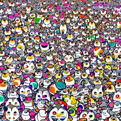 Image similar to illustration still of trippy furry chubby chibi penguins dancing by takashi murakami