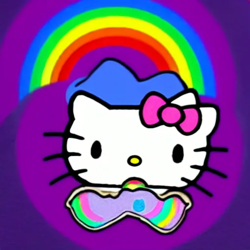 Prompt: Hello kitty riding a unicorn over a rainbow,