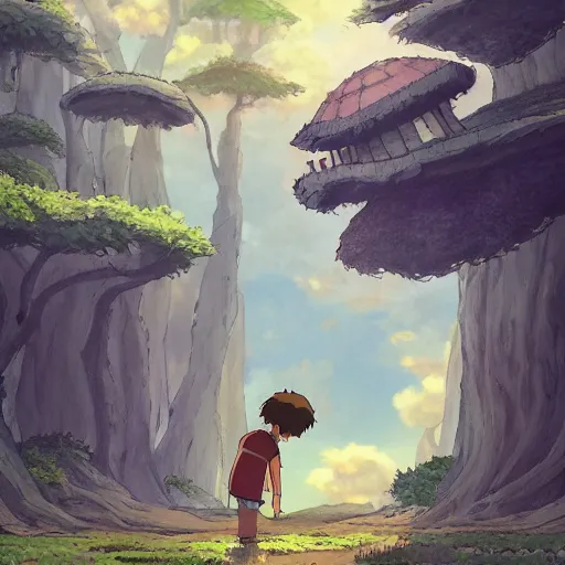 Image similar to friendly guy and small creature , with Fragile looking character portrait face made in Studio Ghibli artstyle ,highly detailed art, beautiful scene, sharp focus, smooth, 8k, anime art, fantasy, style in ghibli anime style, fantasy, island, forest, ghibli animal in 8k