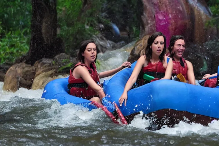 Image similar to Aubrey Plaza at Disney World riding Kali River Rapids, soaked, streaked makeup, deadpan, 8k detailed photo