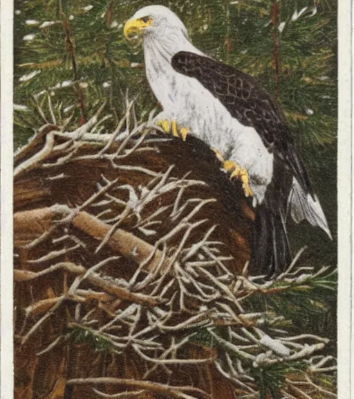 Prompt: damaged postcard of 'an eagle in the nest of a snowy pine tree', long shot, coffee table background
