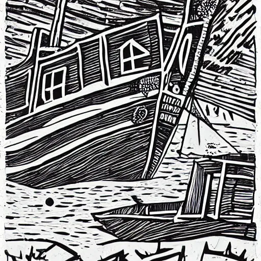 Image similar to an abandoned ship on the aral sea desert, in the style of daniel johnston and outsider art, 8 k, line brush, muted, overlaid with cyrillic words, baselitz, german expressionist woodcut