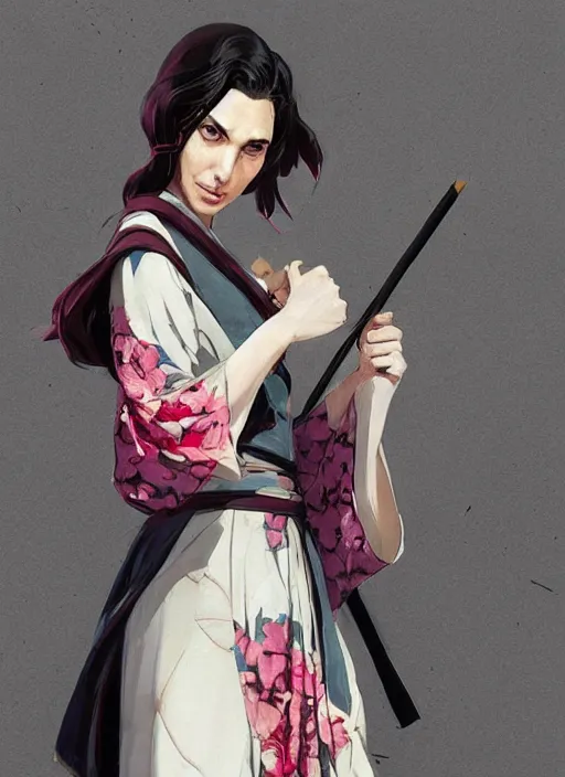 Image similar to gal gadot as nezuko from demon slayer ねずこ wearing floral kimono by artgem by greg rutkowski trending on artstation