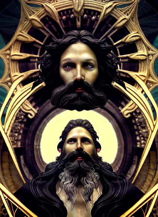 Prompt: furious god zeus, wavy black hair, bushy beard, glowing eyes, volumetric lights, cyan and gold scheme, art nouveau botanicals, gothic, intricate, highly detailed, digital painting, artstation, concept art, smooth, sharp focus, symmetric face, illustration, steampunk, art by artgerm and greg rutkowski and alphonse mucha