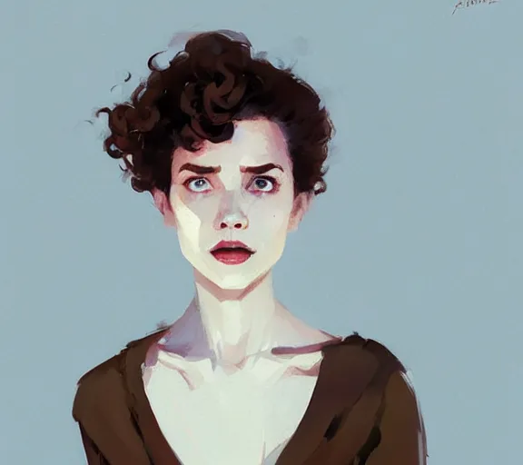 Prompt: portrait woman with short ginger curly hair in mens cloth, by atey ghailan, by greg rutkowski, by greg tocchini, by james gilleard, by joe fenton, by kaethe butcher, by ashley wood, dynamic lighting, gradient light blue, brown, blonde cream and white color scheme, grunge aesthetic