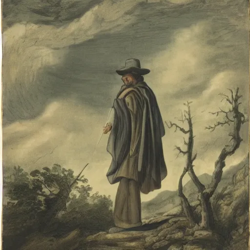 Image similar to a man in a grey cloak and brimmed hat with a staff travelling trough the forest and mountains looking at the clouds in the style of neo-romanticism