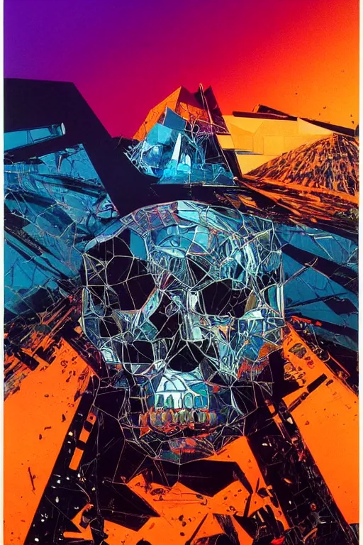 Image similar to wideangle, a portrait of a shattered skull, lost in tensor fields, madness, decoherence, synthwave, glitch!!, fracture, realistic, hyperdetailed, concept art, golden hour, art by syd mead, cubism