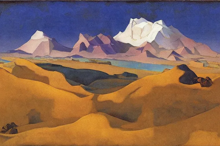 Prompt: A desertic mountain battlefield by Nicholas Roerich, by Georgia o Keeffe, by Gustave Moreau