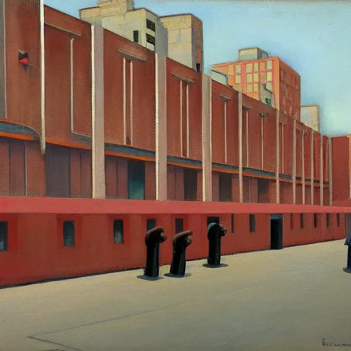 Prompt: red robots queue up in a drab brutalist town, street elevation, grant wood, pj crook, edward hopper, oil on canvas