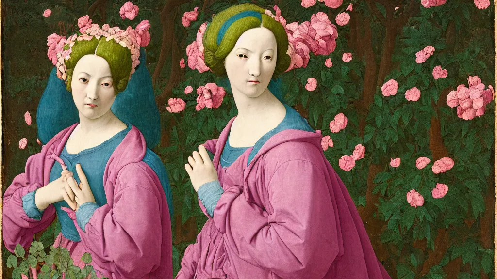 Prompt: portrait of a Spanish woman with green blue hair, wearing a pink hoodie, fully clothed, standing in a garden full of flowers and trees, intricate details, high detail, in a renaissance style, super-flat, in the style of Jean Auguste Dominique Ingres, James Jean, punk, Asian art,
