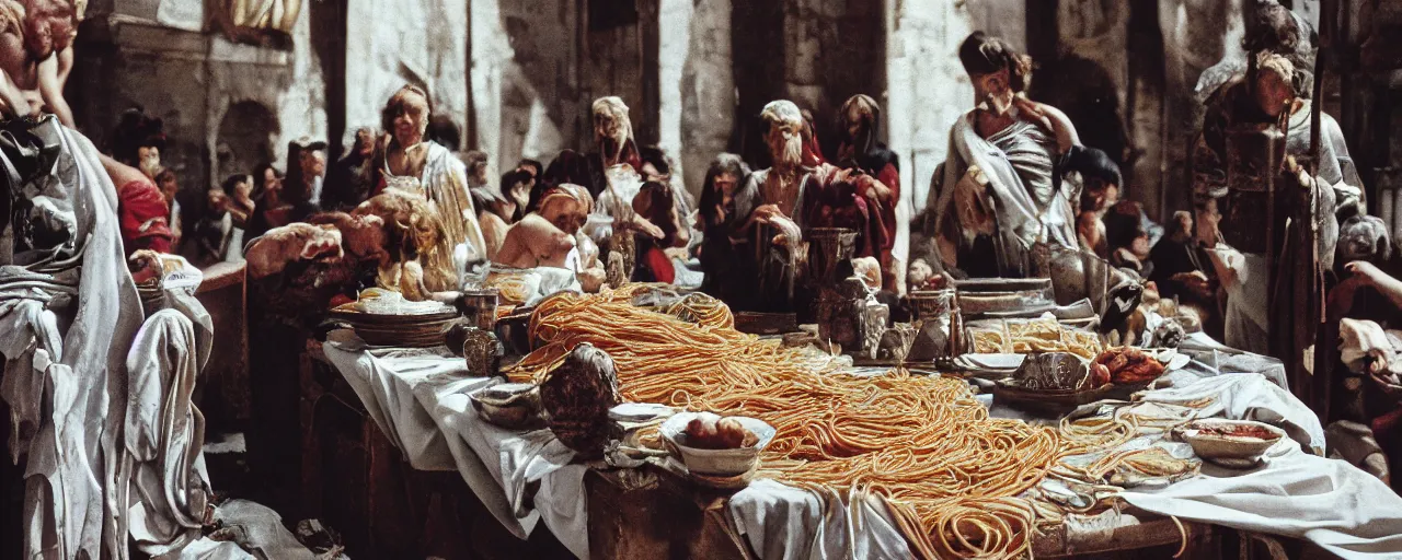 Prompt: the fall of the roman empire, spaghetti everywhere, high detail, canon 5 0 mm, cinematic lighting, photography, film, kodachrome