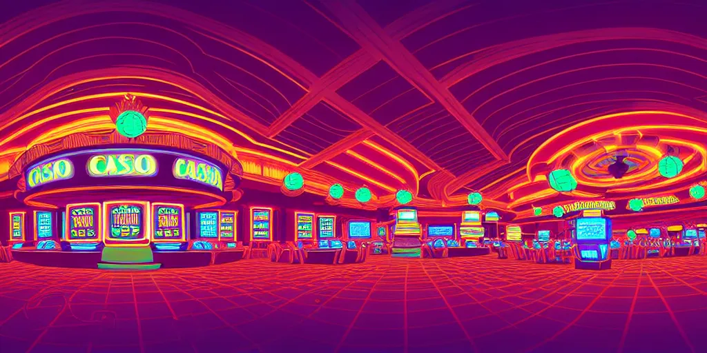 Image similar to extreme wide angle curly perspective digital art of indoor casino with a stage pale colors by anton fadeev from nightmare before christmas