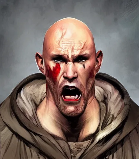 Image similar to unattractive, bald and unsympathetic Human_fighter!, He has 6 scares on his face, and a bloodthirsty look in his eyes. full_body!!, dungeons and dragons portrait, highly detailed, digital painting, artstation, concept art, sharp focus, illustration, art by artgerm and greg rutkowski and alphonse mucha