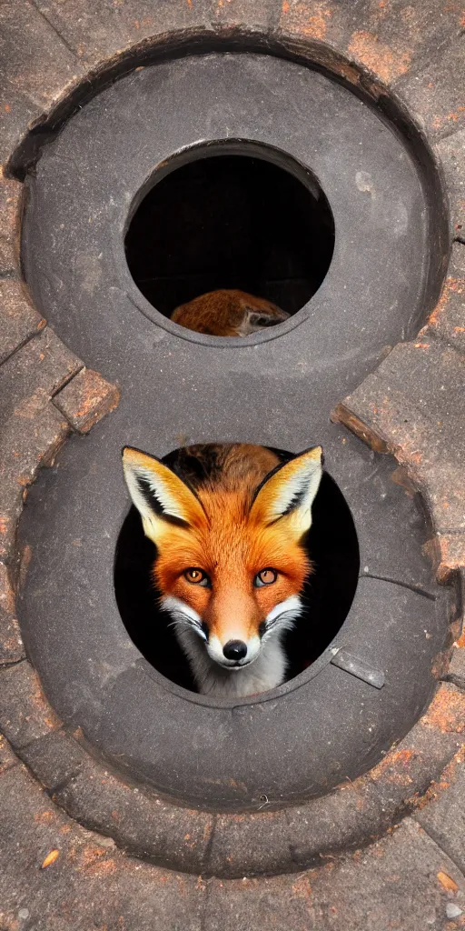 Image similar to a fox is hidden inside a manhole trying to jump out, 4k photography flash