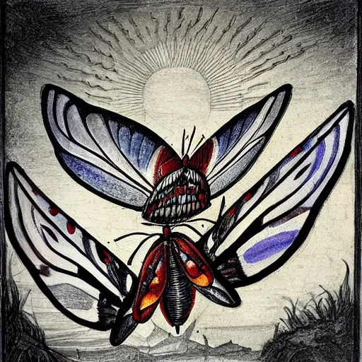 Prompt: Leonardo Da Vinci drawing crimson dark angel butterfly moth with black feathered wings, burning sun, undead butterfly