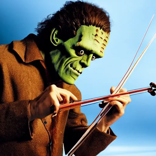 Prompt: UHD candid photo of Frankenstein playing violin, with accurate face, UHD, photorealistic, correct face, real strativarius, photo by Annie Leibowitz