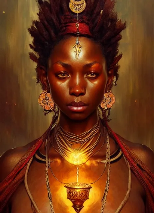 Prompt: : african shamen Shango fantasy, fantasy magic, , intricate, sharp focus, illustration, highly detailed, digital painting, concept art, matte, art by WLOP and Artgerm and Greg Rutkowski and Alphonse Mucha, masterpiece