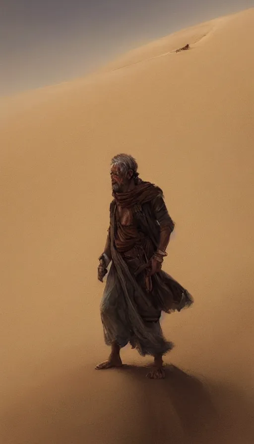 Prompt: Portrait of an old nomad walking across a sand dune, male, detailed face, fantasy, highly detailed, cinematic lighting, digital art painting by greg rutkowski