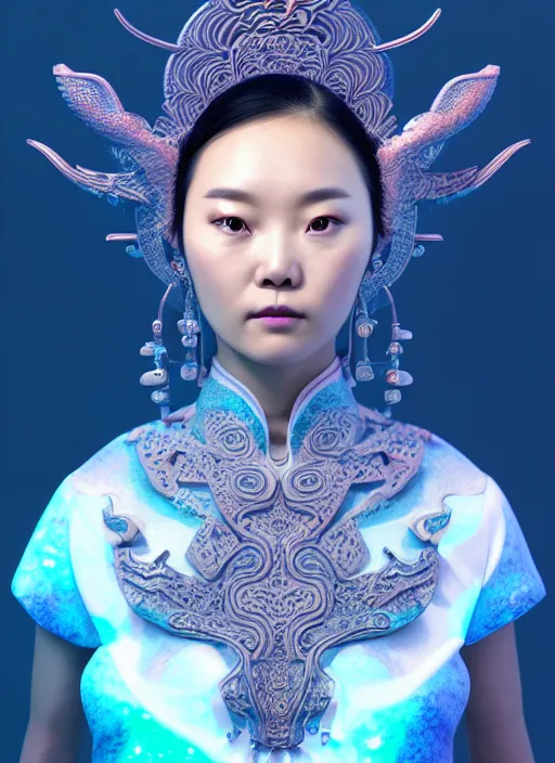 Image similar to 3 d goddess waist shot portrait. beautiful intricate highly detailed korean dokkaebi skull and traditional korean hanbok. elegant stingray, magpie, iridescent, plasma, lava, ice, water, wind, creature, volumetric lighting, twilight forest background, artwork by tooth wu and wlop and beeple and greg rutkowski, 8 k trending on artstation,