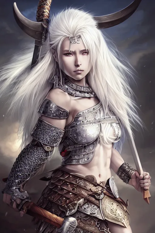 Image similar to A realistic anime portrait of a beautiful white haired female barbarian wearing an intricate viking armor, digital painting, by Stanley Artgerm Lau, Sakimichan, WLOP and Rossdraws, digital painting, painterly, Pixiv, Deviantart, golden ratio, rule of thirds, good composition, HD, 8k, award winning, promo art, splash art, rpg, jrpg, dungeons and dragons, DND, trending on ArtStation