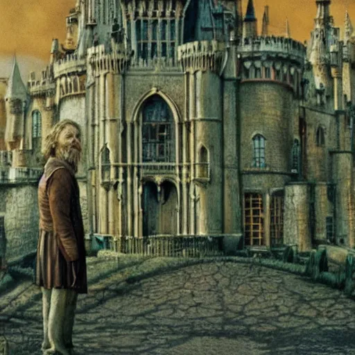 Image similar to cinematic still of 🏰🧙🧟, Alan Lee, illustration, directed by Stephen Spielberg, Wes Anderson