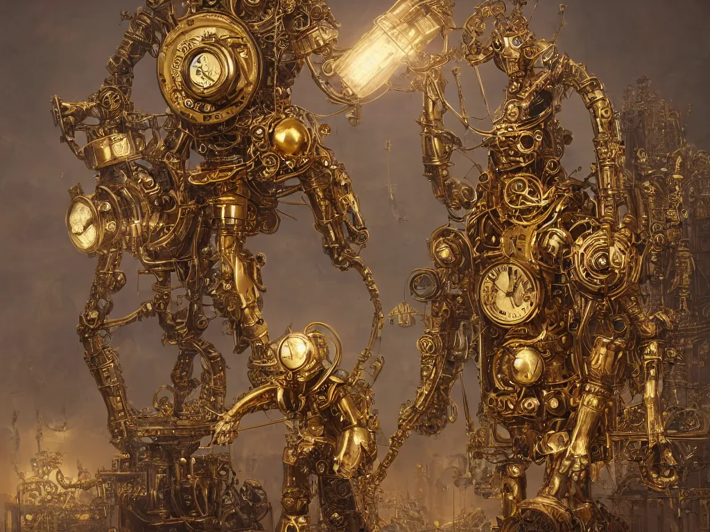 a render of a giant clockwork man made of brass and | Stable Diffusion