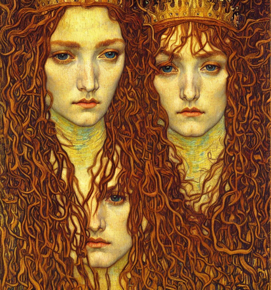 Image similar to detailed realistic beautiful young medieval queen face portrait by jean delville, gustav klimt and vincent van gogh, art nouveau, symbolist, visionary, gothic, pre - raphaelite, muted earthy colors, desaturated