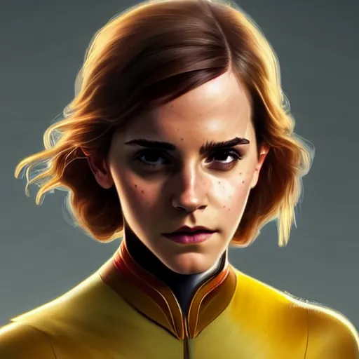 Image similar to beautiful Emma Watson as Kid Flash, western, closeup, D&D, fantasy, intricate, elegant, highly detailed, digital painting, artstation, concept art, matte, sharp focus, illustration, art by Artgerm and Greg Rutkowski and Alphonse Mucha