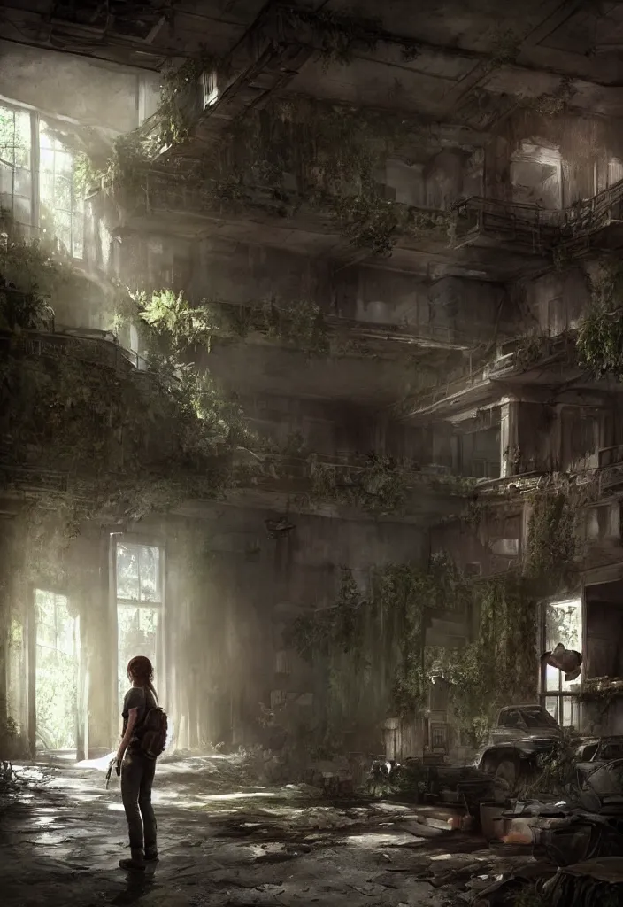 Prompt: an environmental concept art of the last of us, interior, character standing with back to camera, highly detailed, environmental light, strong lighting, cinematic by francis tneh