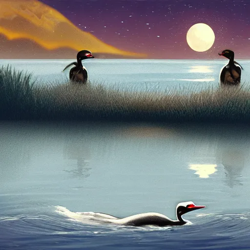 Prompt: two loons swimming at night, moonlight, highly detailed, digital painting, artstation, concept art, matte, sharp focus, illustration