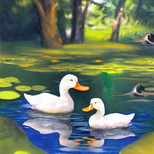 Prompt: Two ducks are playing chess in a pond, art by Dmitry Dubinsky