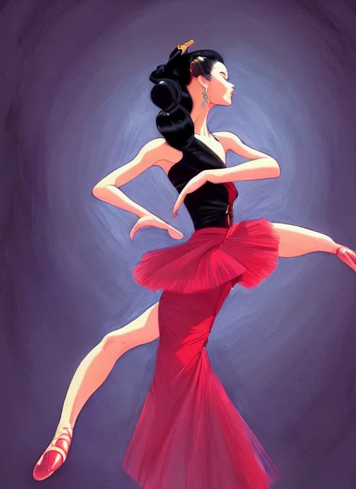 Image similar to a beautiful dancer with black hair in 1950's fashion, ballroom background, intricate, highly detailed, digital painting, artstation, official media, anime key visual, concept art, rich vivid colors, ambient lighting, sharp focus, illustration, art by Artgerm, Makoto Shinkai, Ilya Kuvshinov, Lois Van Baarle, and Rossdraws