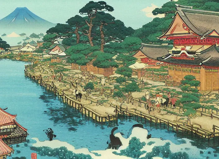 Prompt: japanese town with horses by studio ghibli painting, by ohara koson and thomas kinkade