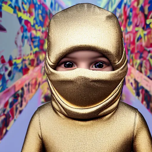 Image similar to a high tech 3 d rendering of a a baby cherub angel wearing a balaclava face mask, ski mask, face covered, covered face, fixed eyes, tattoos, multiple gold cuban chain necklace, graffiti in background octane render, blender