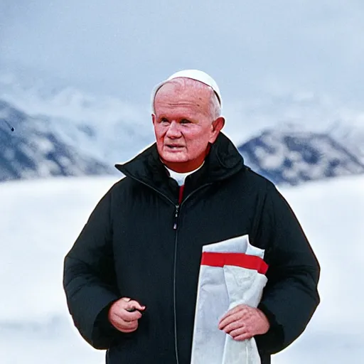 Prompt: john paul ii standing in a black puffed nuptse, black cargo pants and high black boots, summer weather