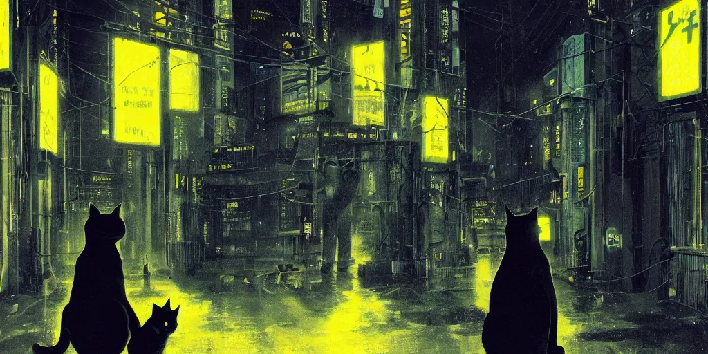 Image similar to a big black cat standing on the back paws and wearing yellow raincoat, cat is standing in the dark corner of a small badly lit street of a cyberpunk city