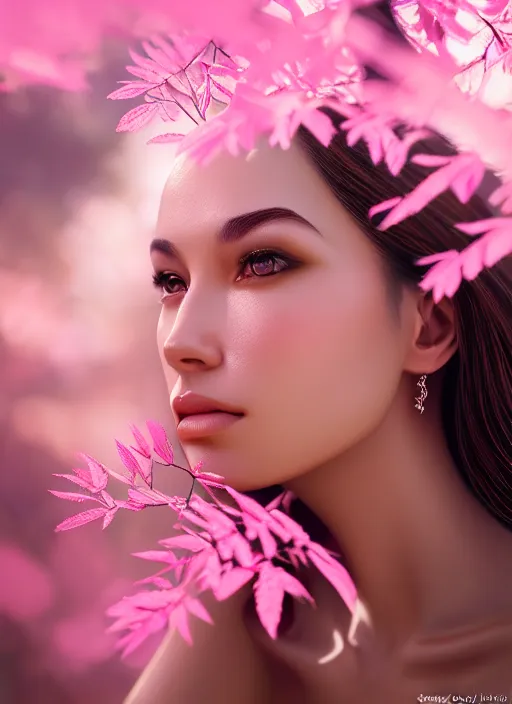 Prompt: photo of a gorgeous female in the style of stefan kostic, realistic, half body shot, sharp focus, 8 k high definition, insanely detailed, intricate, elegant, art by stanley lau and artgerm, extreme bokeh light pink foliage