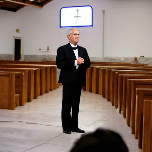 Image similar to jeffery epstein, dressed up as catholic priest, speaking to a congregation, 8 k, realistic.