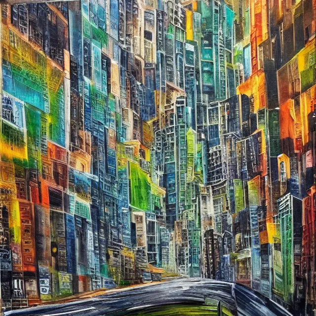 Image similar to streets of mumbai, future, mossy buildings, high fidelity, oil painting, straight lines